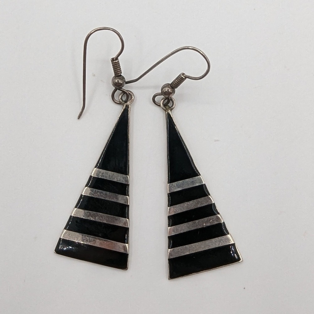 Vintage Alpaca Silver Black Enamel Geometric Triangle Striped Dangle Earrings